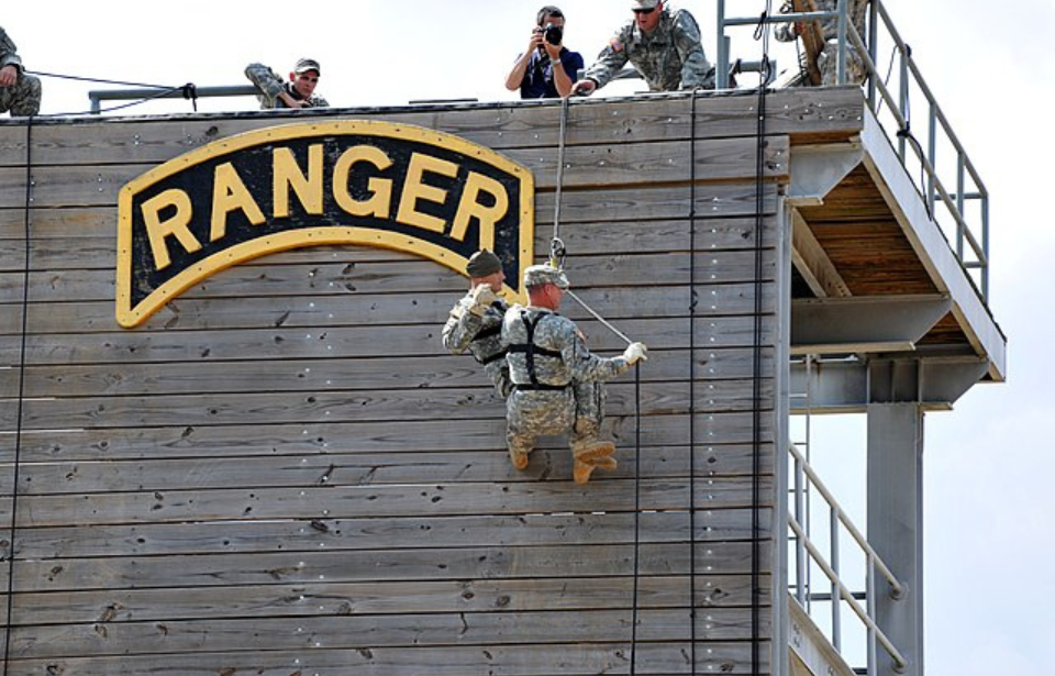 US Army Rangers scaling a wooden platform