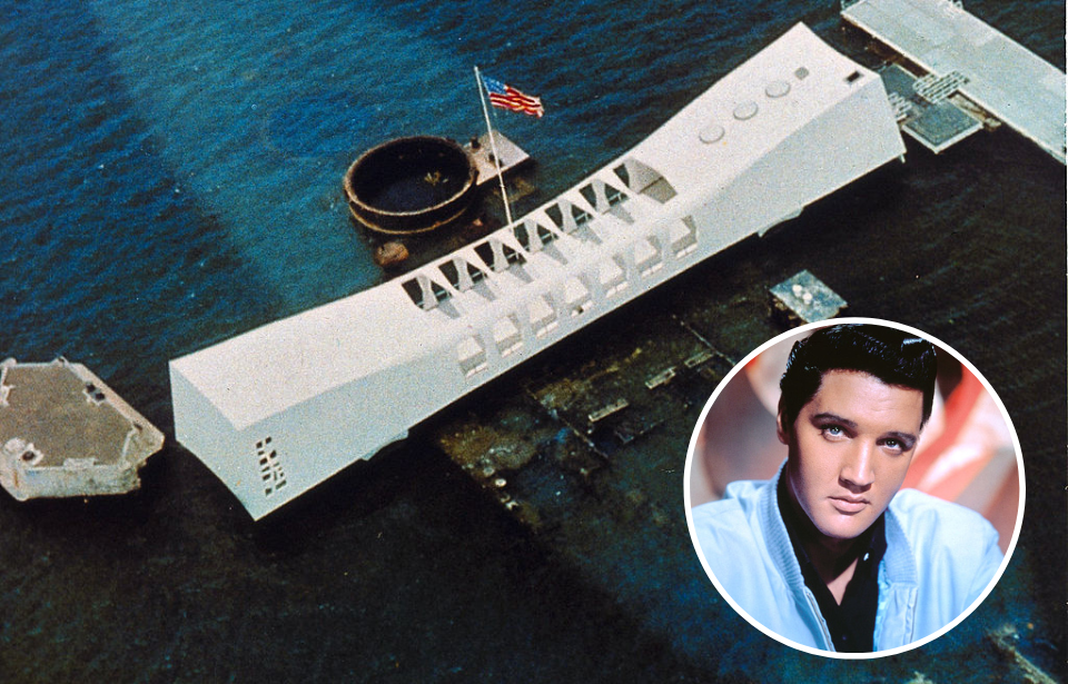 Aerial view of the USS Arizona Memorial + Headshot of Elvis Presley
