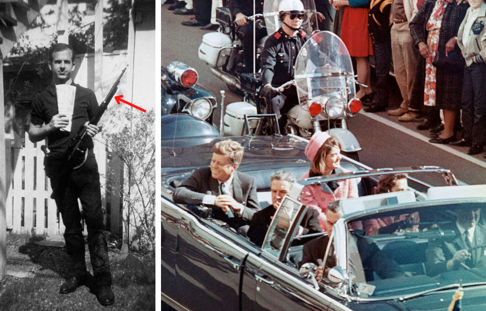 Lee Harvey Oswald holding his Carcano rifle and a newspaper in his backyard + John F. and Jacqueline Kennedy riding in a car with Texas Governor John Connally and his wife, Nellie Brill