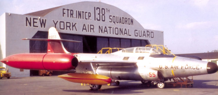 Northrop F-89D Scorpion parked outside of the 138th Fighter Interceptor Squadron, New York Air National Guard's aircraft hangar