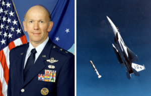 Military Portrait of Wilbert Pearson + ASM-135 ASAT being launched from the McDonnell Douglas F-15A "Celestial Eagle"
