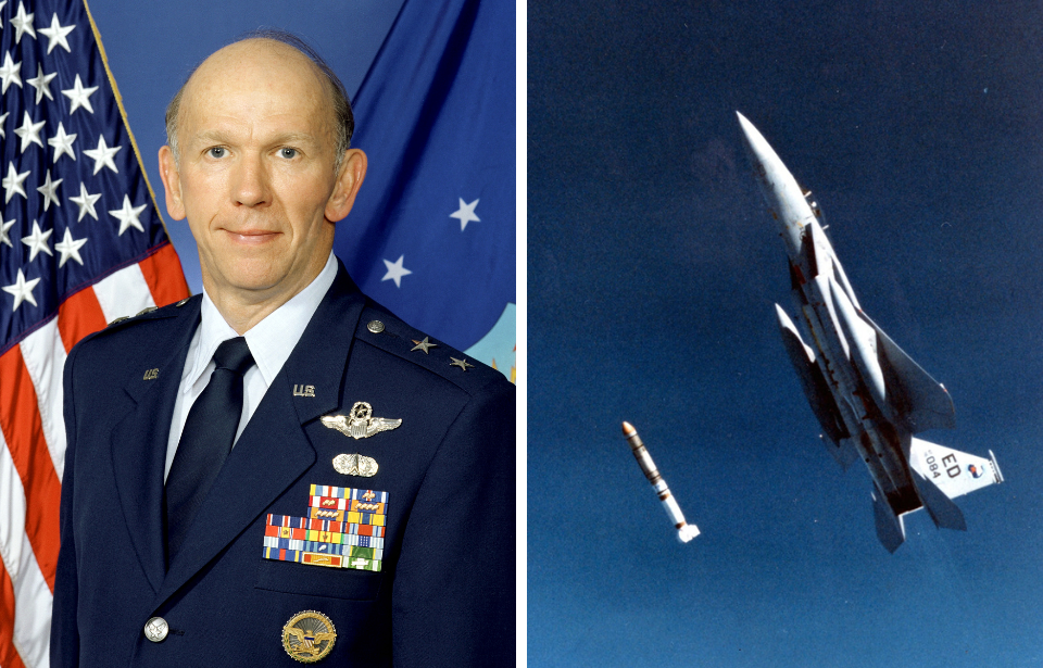 Military Portrait of Wilbert Pearson + ASM-135 ASAT being launched from the McDonnell Douglas F-15A "Celestial Eagle"