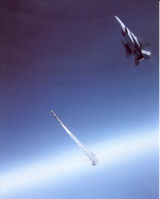 ASM-135 ASAT launching from the underbelly of a McDonnell Douglas F-15A Eagle