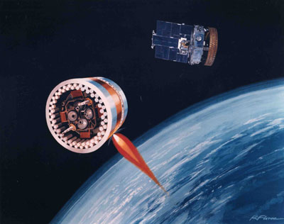 Illustration of an anti-satellite (ASAT) weapon approaching the P78-1 (Solwind) satellite
