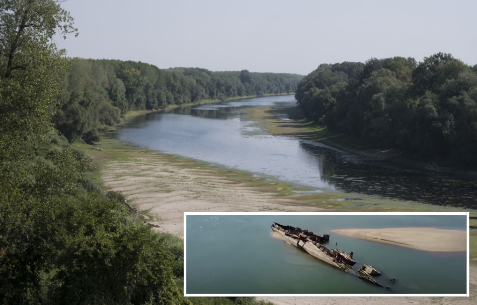 View of the Danube + Scuttled ship sticking out of the water of the Danube