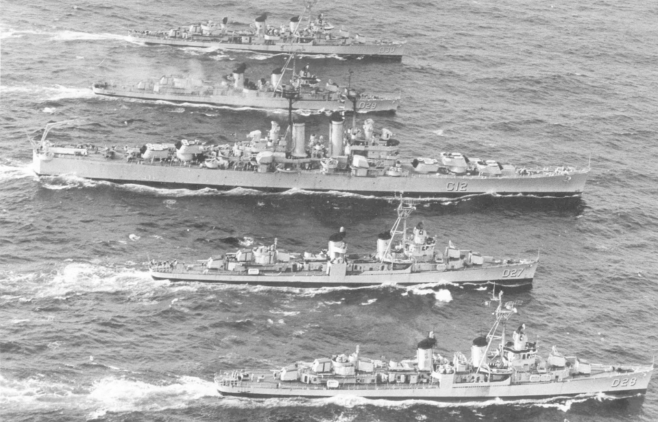 Aerial view of four Brazilian Navy ships at sea