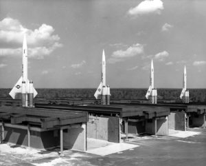 Four CIM-10 Bomarc missiles in a launch position