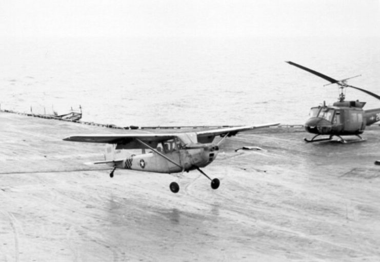 Cessna O-1 Bird Dog landing on the flight deck of the USS Midway (CV-41)