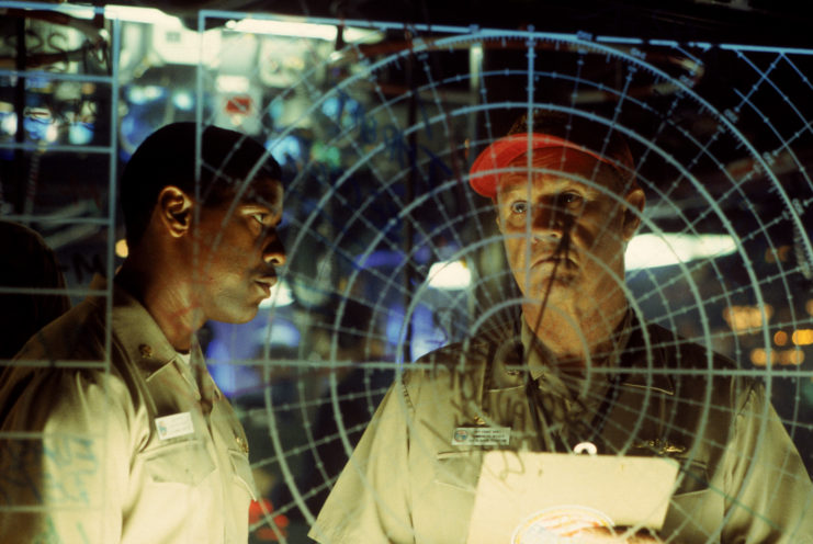 Denzel Washington and Gene Hackman as Hunter and Ramsey in 'Crimson Tide'