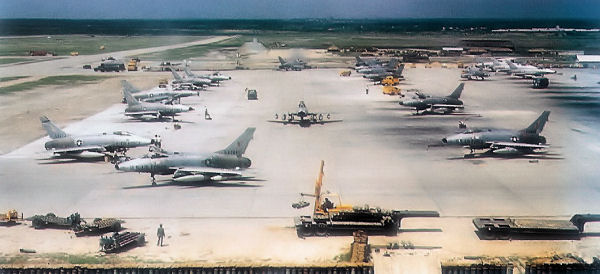 Aerial view of F-100D Super Sabres on the runway at Da Nang Air Base