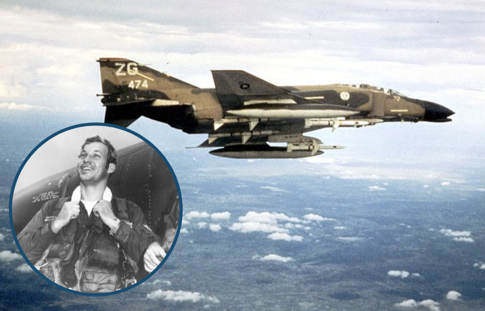 Richard Ritchie wearing his pilot's jacket + McDonnell Douglas F-4 Phantom II in flight