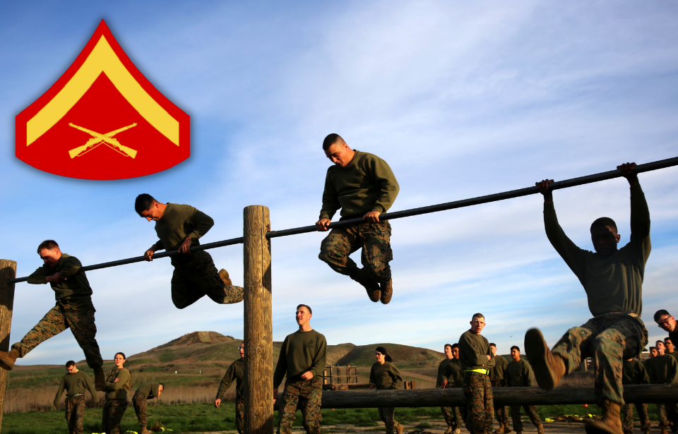 US Marines lifting themselves over a rope + Lance corporal chevron used by the US Marine Corps