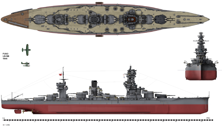 Three drawings of Fusō, along with two aircraft