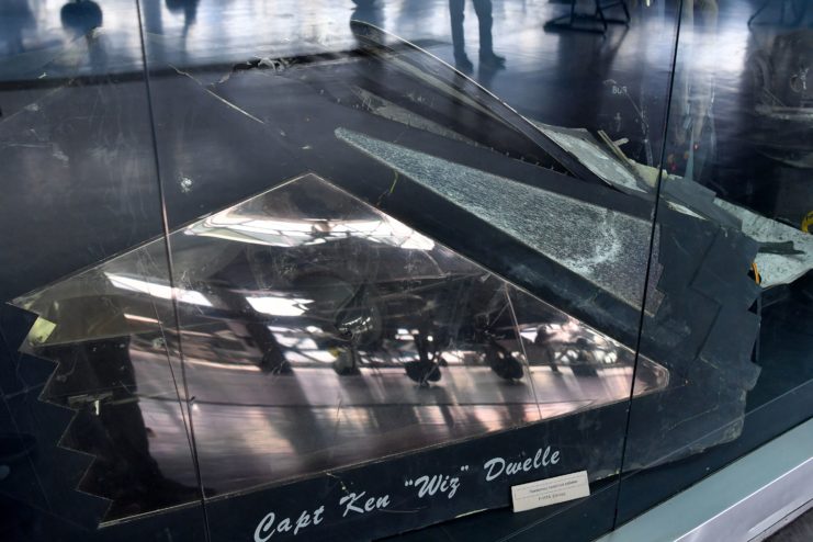 Remains of a crashed Lockheed F-117 Nighthawk on display