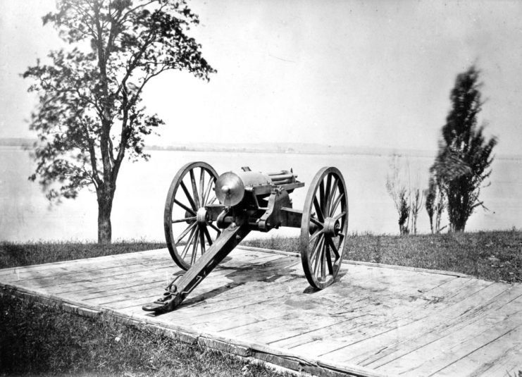 Gatling Gun sitting on a wooden platform