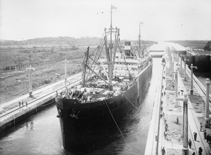 Ship floating in the Panama Canal's Gatun Locks