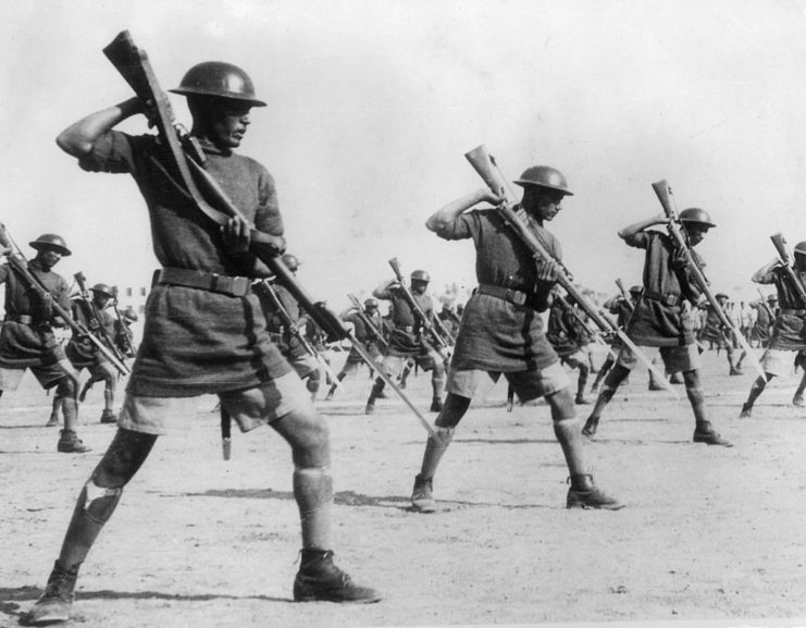 Egyptian soldiers performing drills with their bayonet rifles