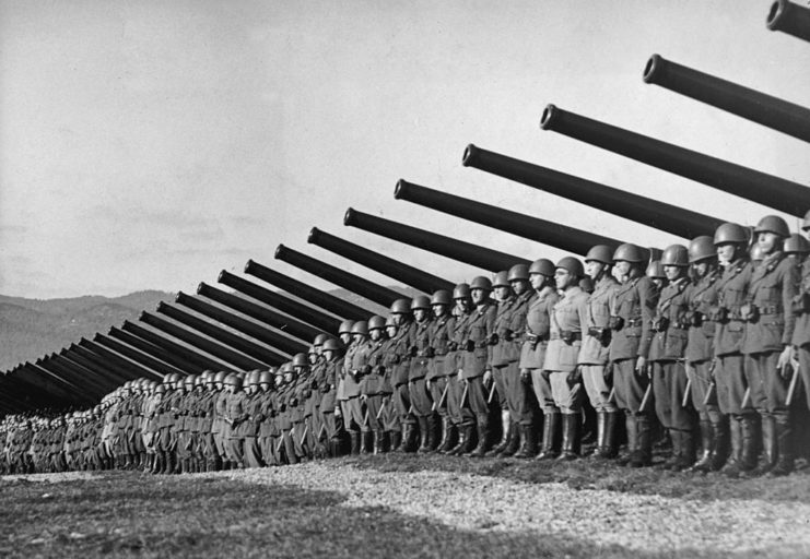 Italian soldiers lined up in front of a row of guns