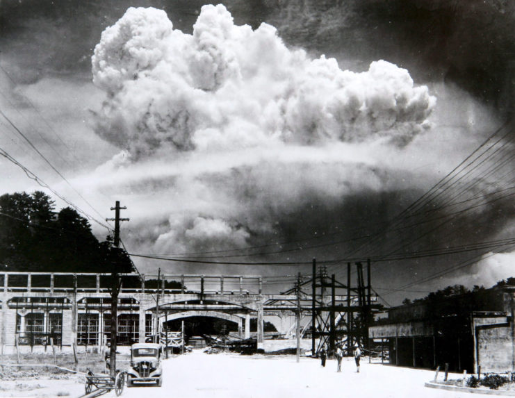 Mushroom cloud rising over Nagasaki following the dropping of the atomic bomb