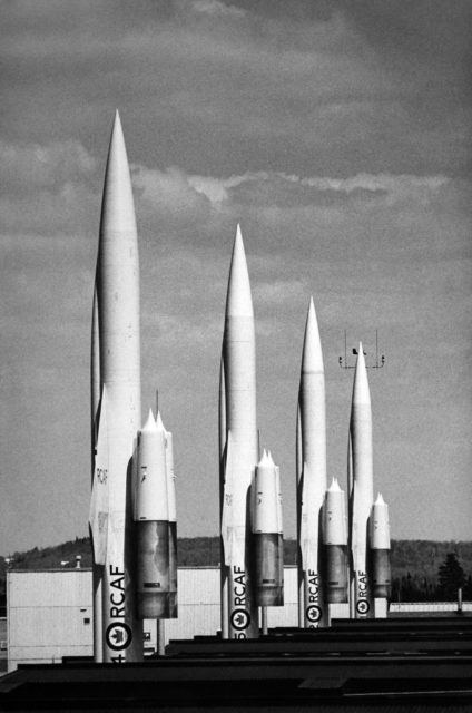 Four CIM-10 Bomarc missiles set in a launch position
