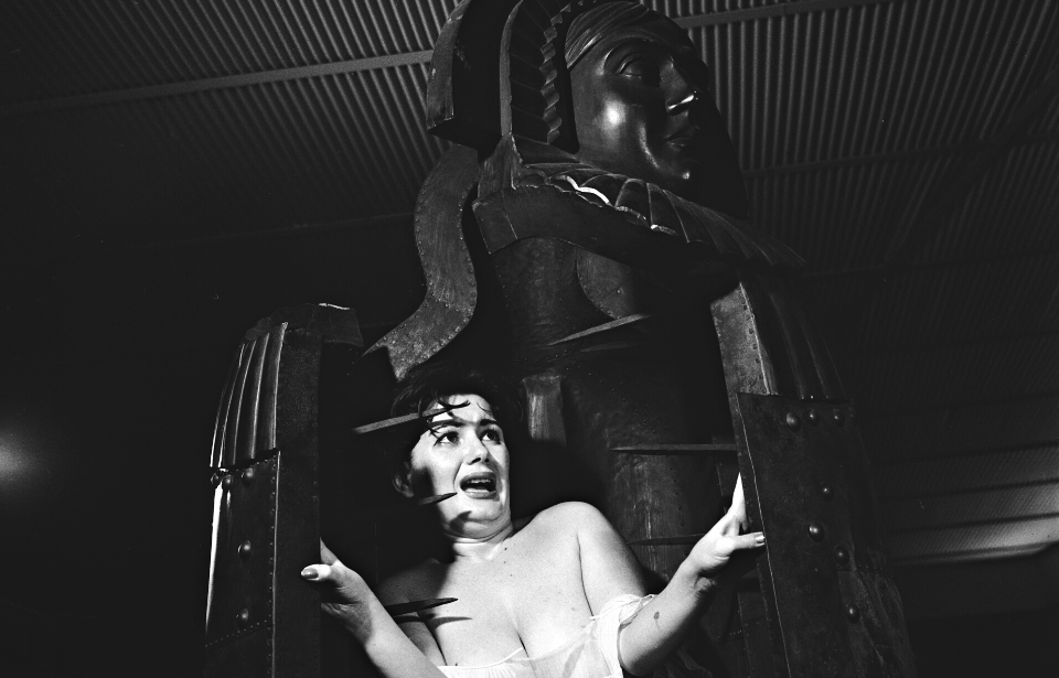 Woman standing in an iron maiden device