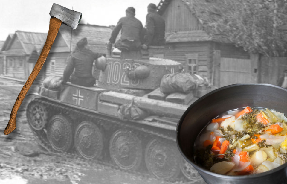 German soldiers riding on a Panzerkampfwagen 38(t) + Axe + Pot filled with vegetable soup