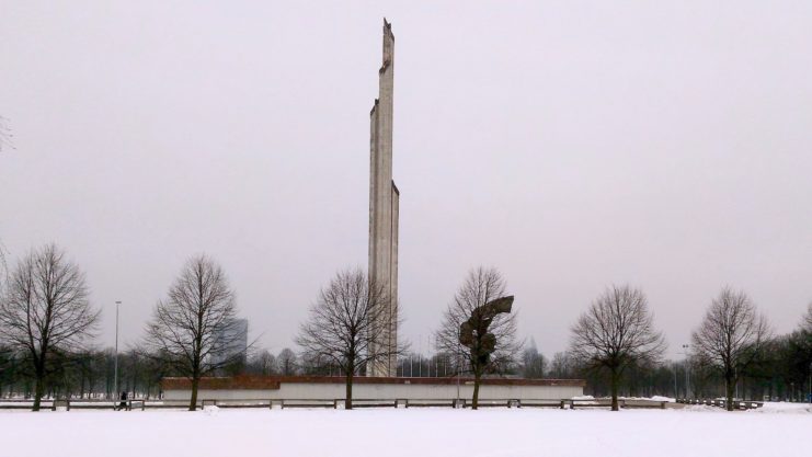 View of the Monument to the Liberators of Soviet Latvia and Riga from the German Fascist Invaders in the snow