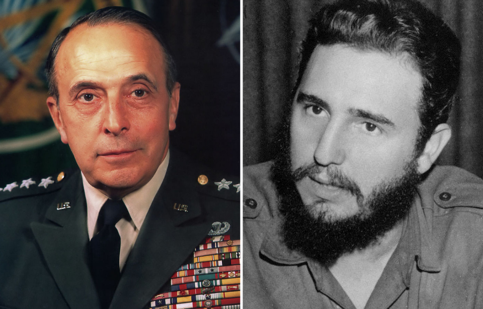 Military portrait of Lyman Lemnitzer + Fidel Castro looking to the side