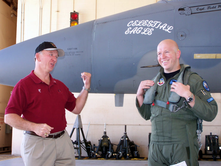 Wilbert and Todd Pearson standing in front of the McDonnell Douglas F-15A Eagle "Celestial Eagle"