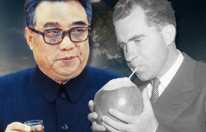Mushroom cloud rising into the sky + Kim il-Sung holding a glass + Richard Nixon drinking from a coconut