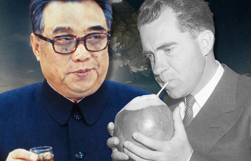 Mushroom cloud rising into the sky + Kim il-Sung holding a glass of liquor + Richard Nixon drinking from a cocnut