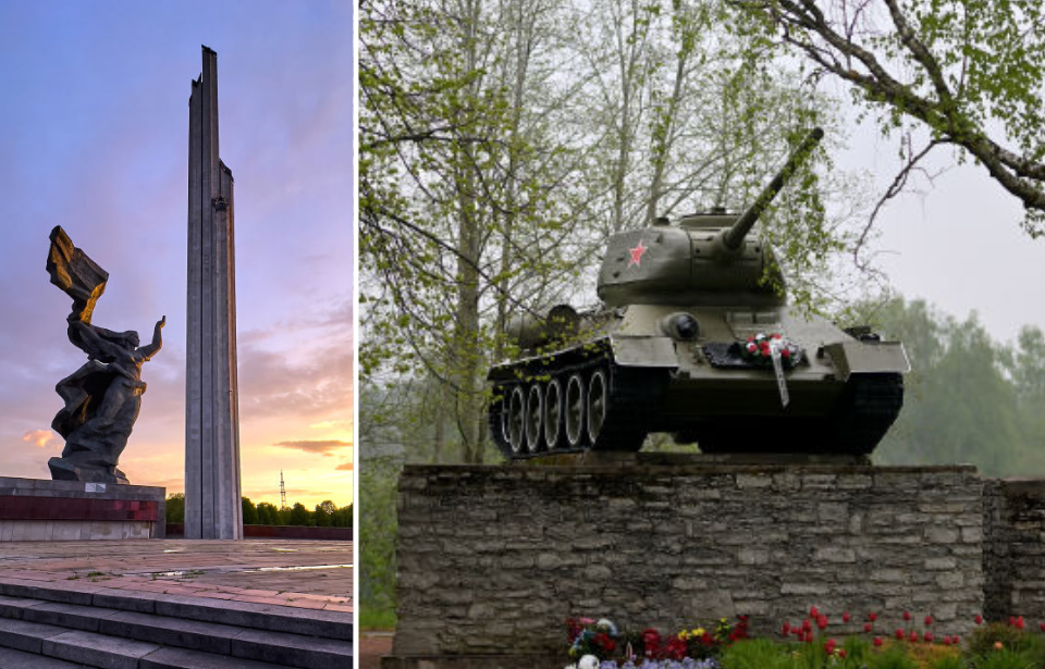 Monument to the Liberators of Soviet Latvia and Riga from the German Fascist Invaders at sunrise + Estonia's T-34 replica surrounded by trees