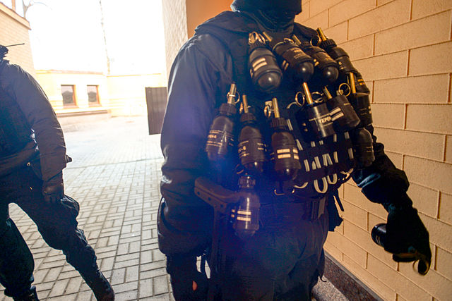 Close-up of a Ukrainian Interior Troops officer with stun grenades and tear gas strapped to his uniform