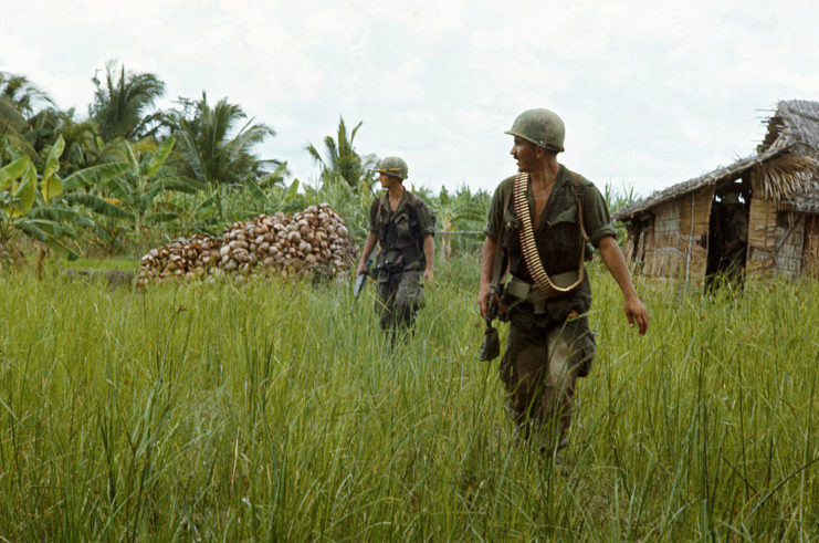 Two US troops walking through tall grass