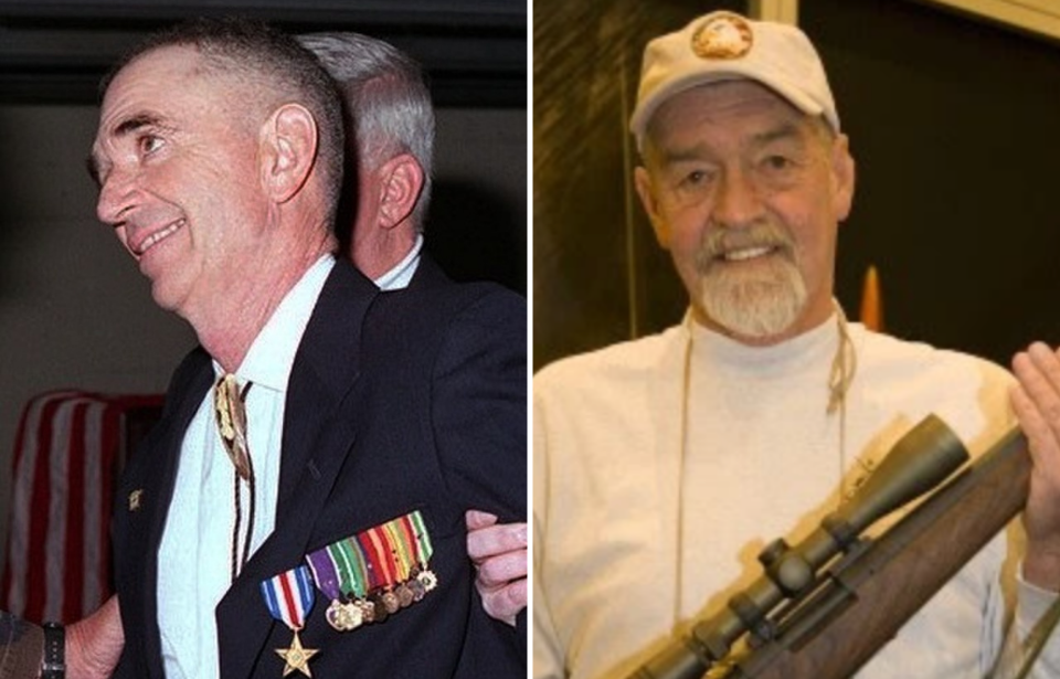 Carlos Hathcock with his medals pinned to his chest + Chuck Mawhinney holding his sniper rifle