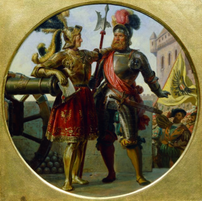 Painting of Maximilian I, Holy Roman Emperor and Georg von Frundsberg standing in armor