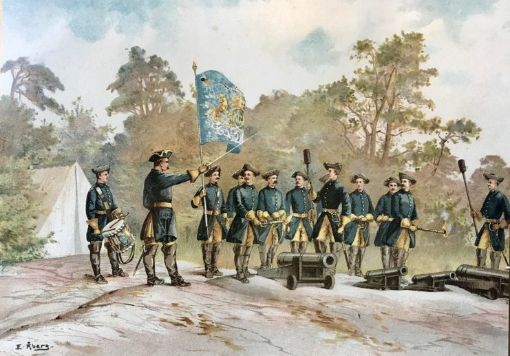 Painting of Carolean artillerymen standing at their camp