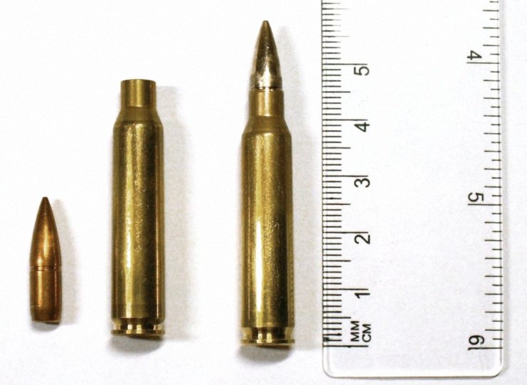 The many parts of a 5.56 x 45 mm NATO round next to a clear ruler