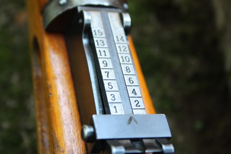 Close-up of the sight measure on a Swiss K31 rifle