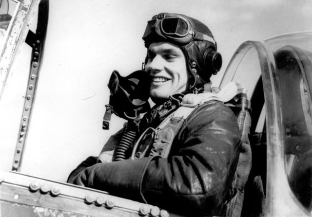 Clarence "Bud" Anderson sitting in the cockpit of his aircraft