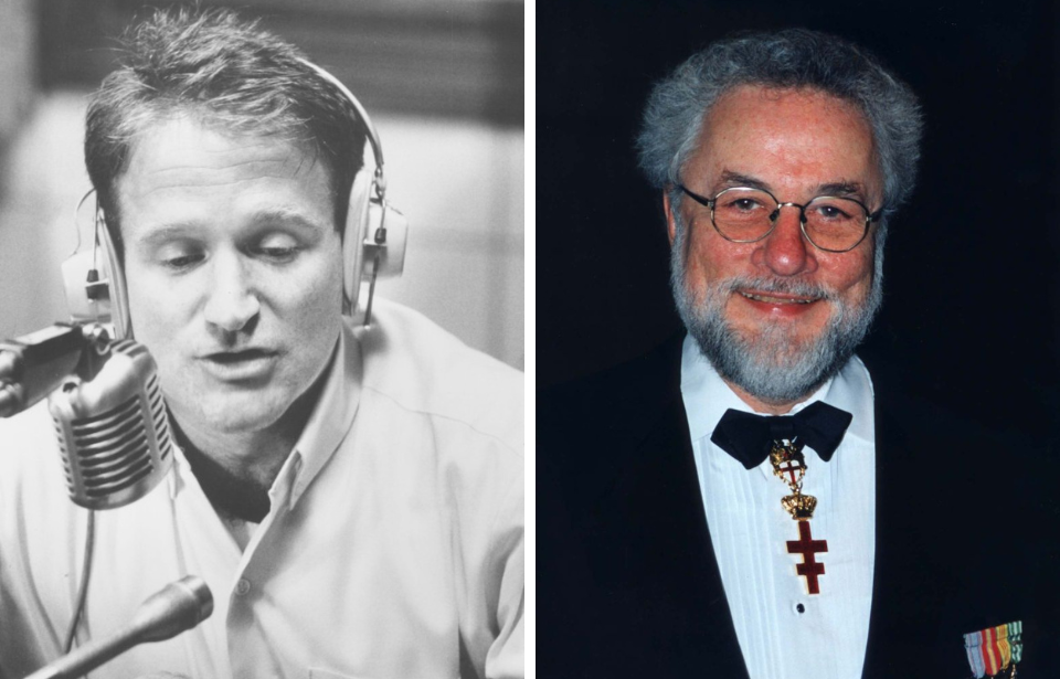 Robin Williams as Adrian Cronauer in 'Good Morning, Vietnam' + Adrian Cronauer wearing a suit, with his military medals on his chest