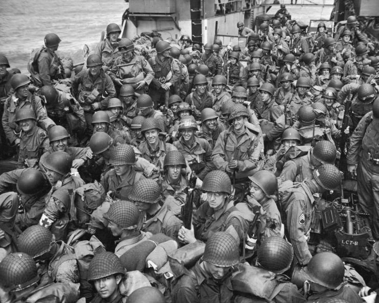 US Army troops crowded into a US Navy landing craft