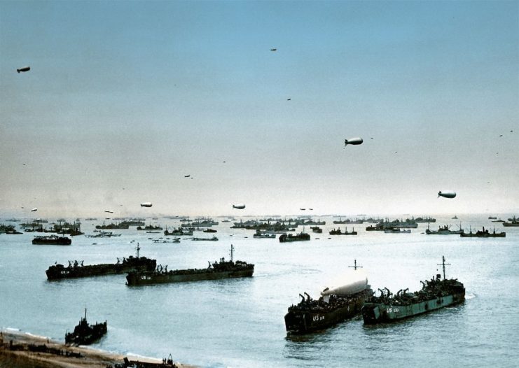 Ships and barrage balloons off the coast of Omaha Beach