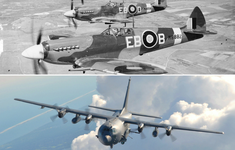 Two Supermarine Spitfires in flight + Lockheed AC-130H in flight