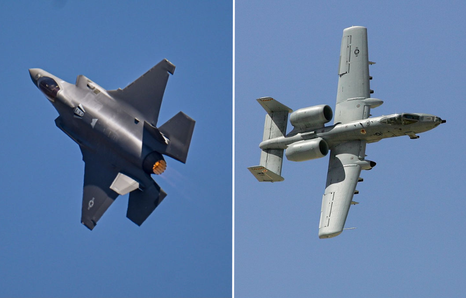 Lockheed Martin F-35 Lightning II in flight + Fairchild Republic A-10 Thunderbolt II in flight