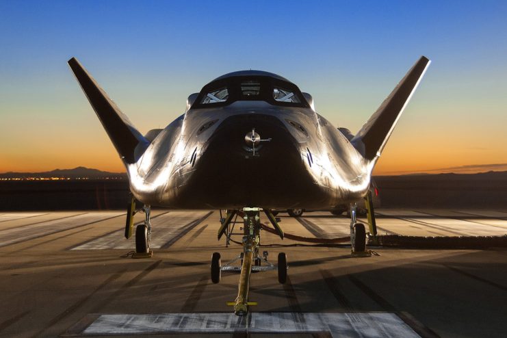 Dream Chaser parked on the runway at dusk
