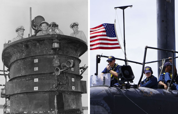 Five sailors looking out the bridge of a submarine + Three sailors standing watch on top of the USS Albuquerque (SSN-706)