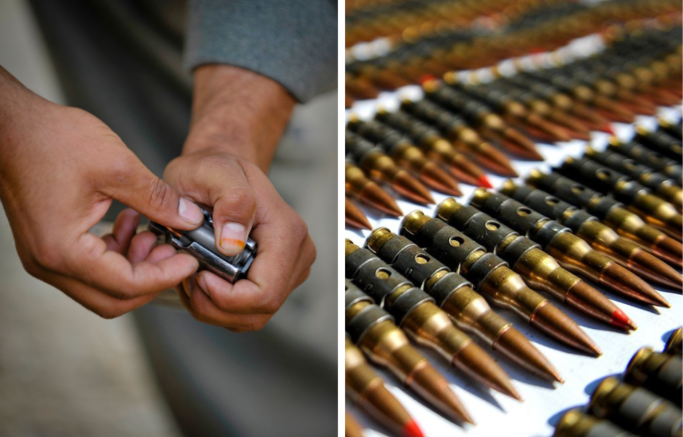 Hand loading a magazine + Table lined with 7.62 x 51 mm NATO rounds