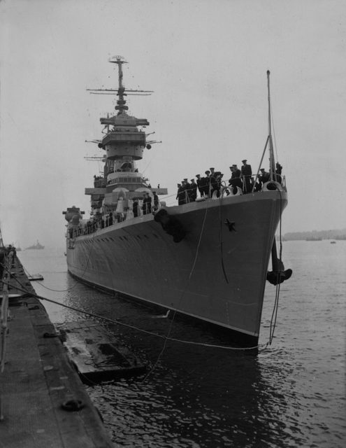 Sverdlov-class cruiser docked at port