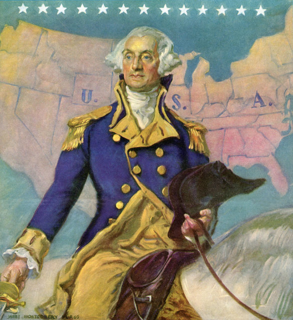 Painting of George Washington on horseback, in front of a map of the United States